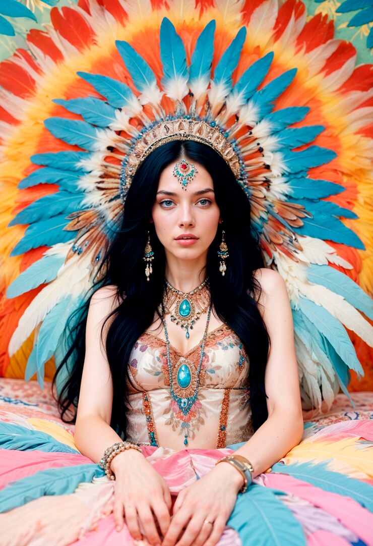 Foto gratuito niña nativa americana con un tocado de plumas