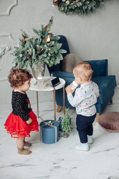 Niña y niño con una botella de pie junto a la elegante mesa con jarrón de ramas de abeto.