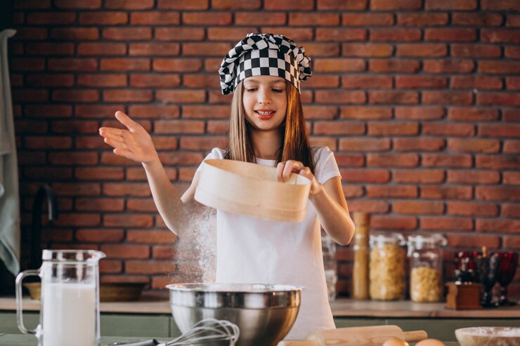 Foto gratuito una niña pequeña horneando pasteles en la cocina para el desayuno