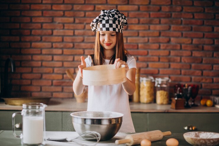 Foto gratuito una niña pequeña horneando pasteles en la cocina para el desayuno