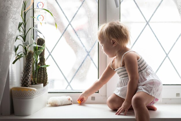 Niña pequeña juega en la ventana con hámster estilo de vida interior real niños y mascotas