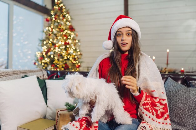 Una niña con un perro pequeño en sus brazos se sienta en el sofá en la víspera de Año Nuevo. Amigos juntos.