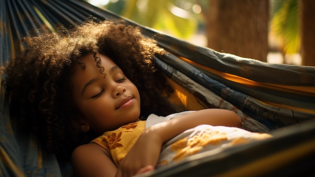 Niña de plano medio durmiendo al aire libre