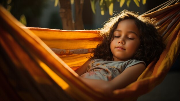 Niña de plano medio durmiendo al aire libre