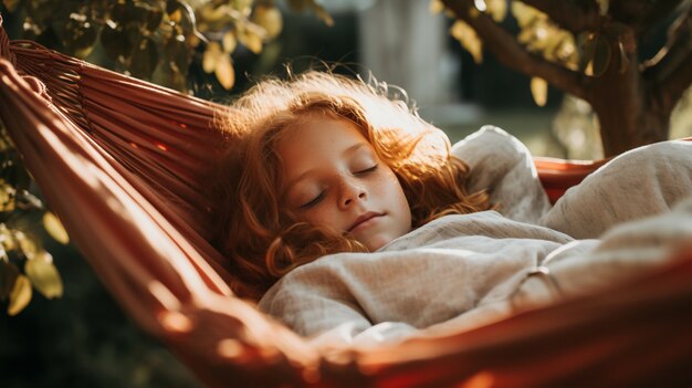 Niña de plano medio durmiendo al aire libre