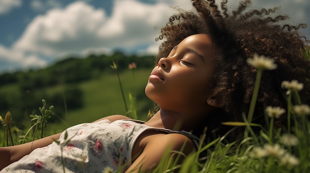 Niña de plano medio durmiendo al aire libre