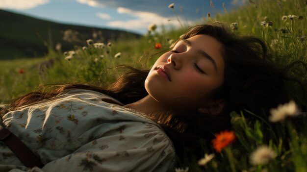 Niña de plano medio durmiendo al aire libre