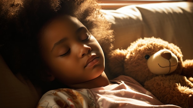 Foto gratuita niña de plano medio durmiendo en el interior