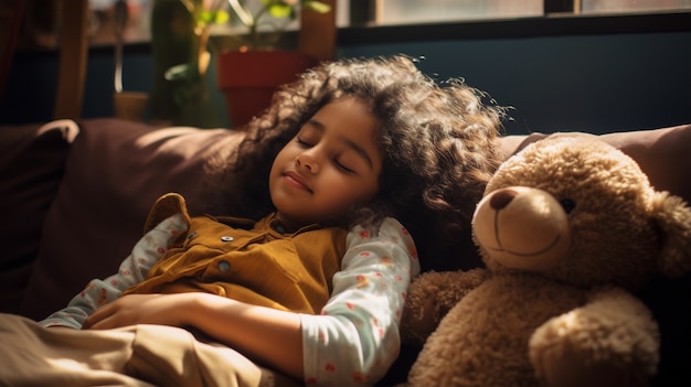 Foto gratuita niña de plano medio durmiendo en el interior