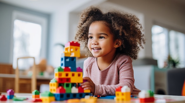 Niña de plano medio jugando con juguetes en el interior.