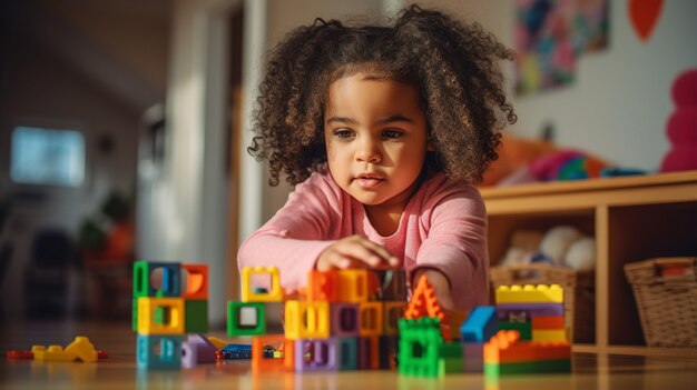 Niña de plano medio jugando con juguetes en el interior.