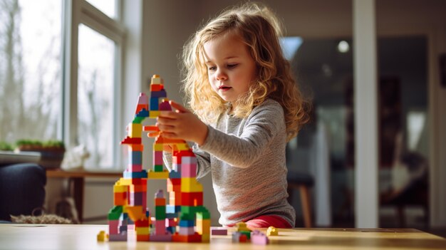 Niña de plano medio jugando con juguetes en el interior.