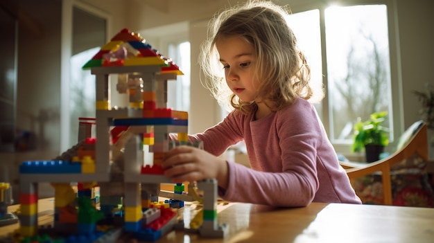 Niña de plano medio jugando con juguetes en el interior.