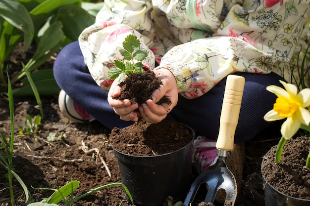 Foto gratuita niña plantando flores en el jardín