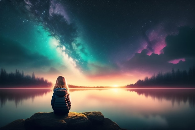 Una niña sentada en una roca mirando al cielo con la Vía Láctea de fondo.