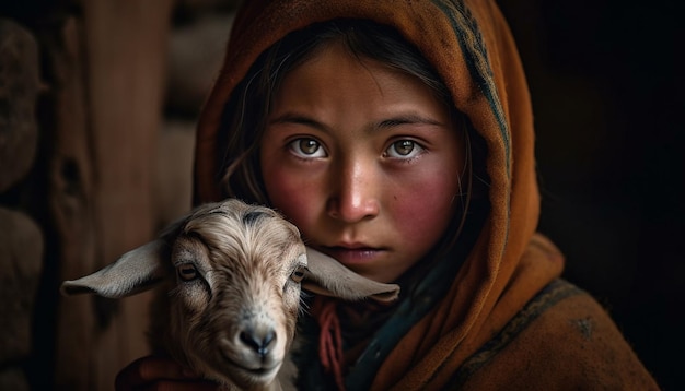 Una niña sonriente abraza a un lindo cabrito al aire libre generado por IA