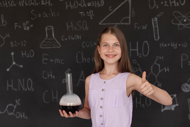 Niña sonriente aprendiendo más sobre química en clase