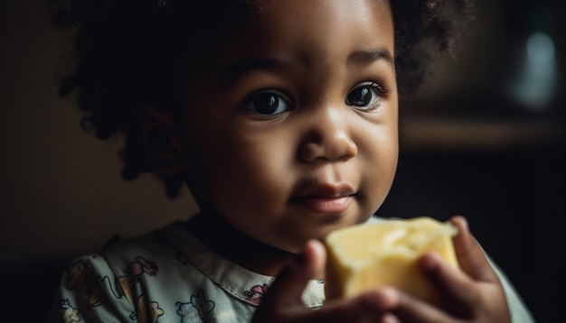 Foto gratuita niña sonriente comiendo alimentos saludables en interiores ia generativa