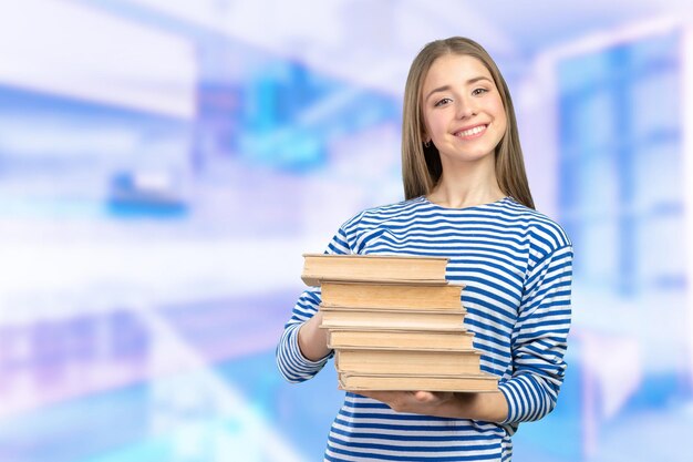 Niña sonriente, con, libros