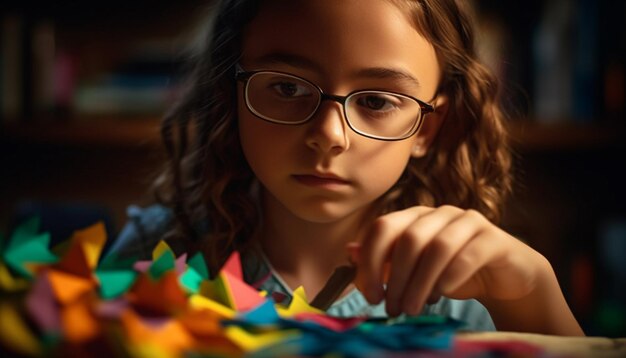 Foto gratuita niña sonriente sosteniendo anteojos estudiando artesanía generada por ia