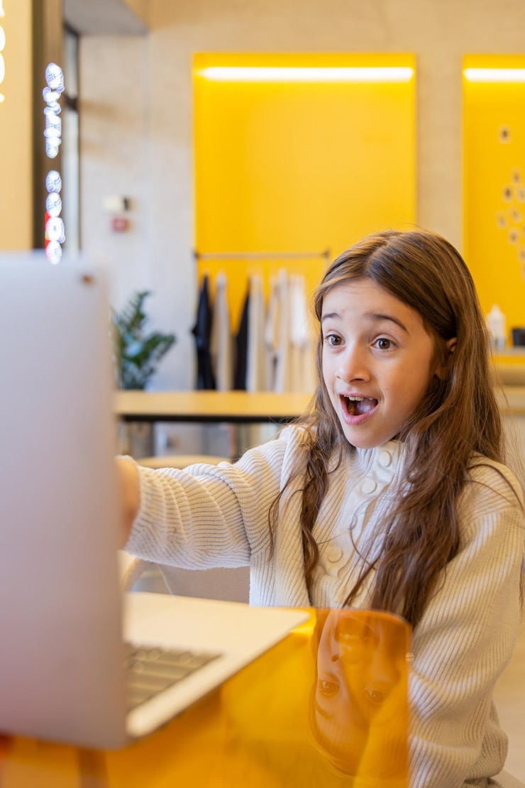 Foto gratuito niña sorprendida con portátil niña y concepto de tecnología de portátil