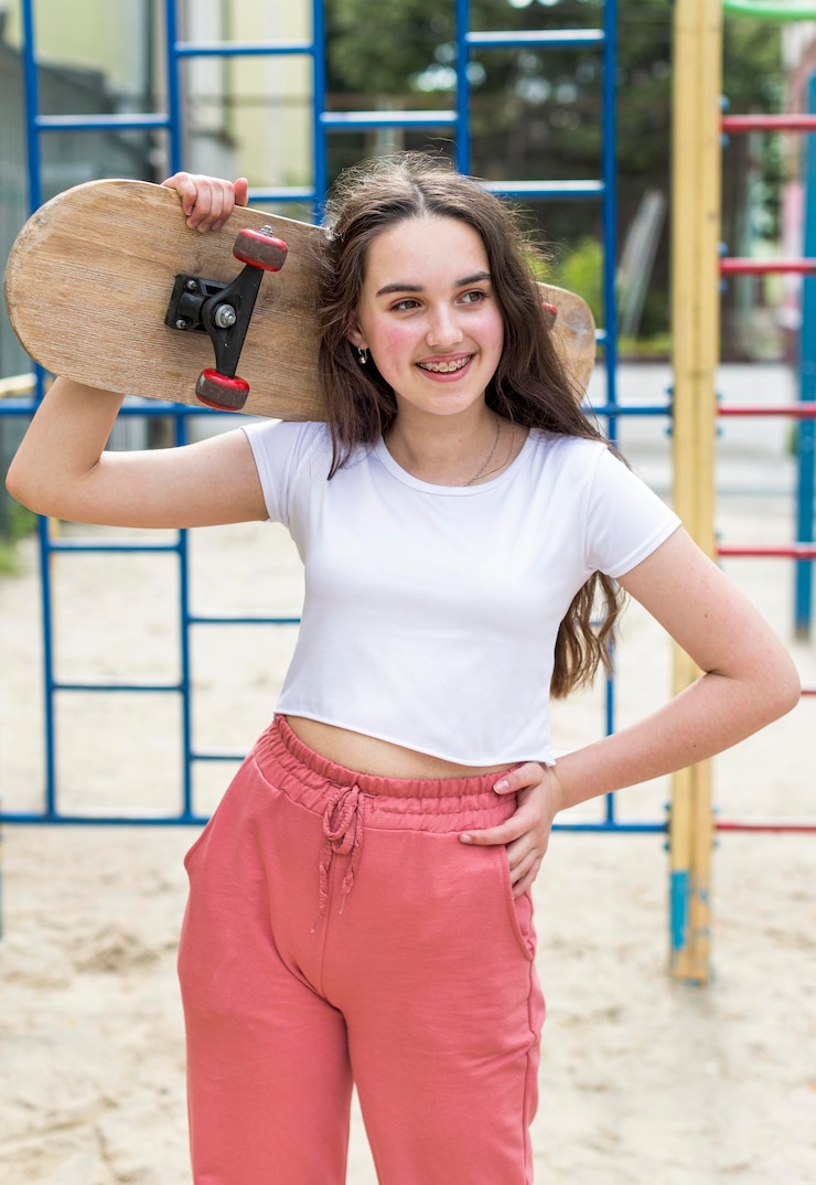 Foto gratuito niña sosteniendo su patineta