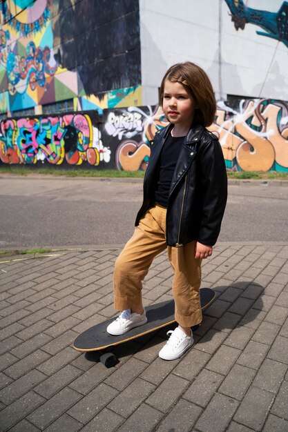 Niña de tiro completo en patineta