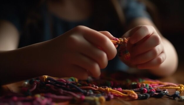 Niñas aprendiendo arte y manualidades sosteniendo cuentas generadas por IA