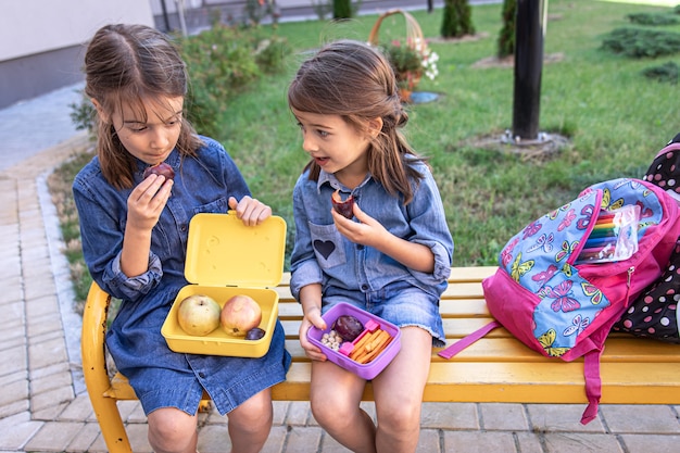 Niñas de la escuela sentadas en un banco en el patio de la escuela y comiendo de las loncheras.