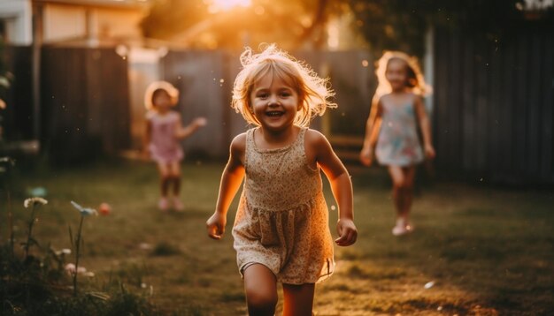 Niñas sonrientes corriendo despreocupadas en el prado natural generado por IA