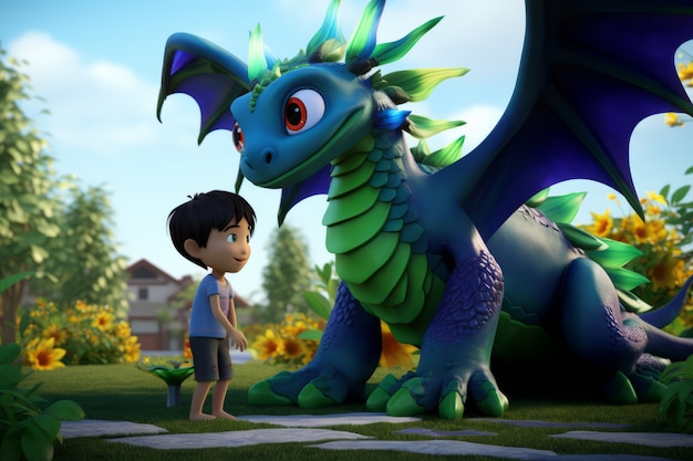 Foto gratuita niño 3d y dragón saliendo