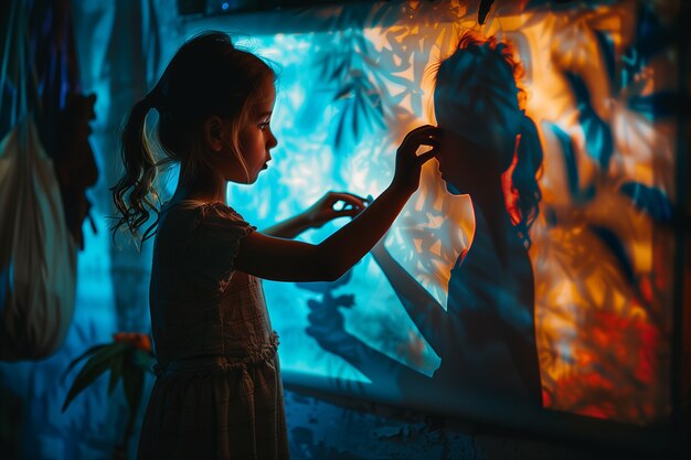 Un niño adorable jugando con las sombras.