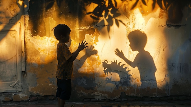 Foto gratuita un niño adorable jugando con las sombras.