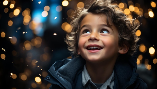 Un niño alegre iluminado por las luces de Navidad disfruta de la noche de invierno generada por la inteligencia artificial