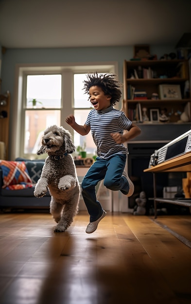 Foto gratuita niño alegre con perro