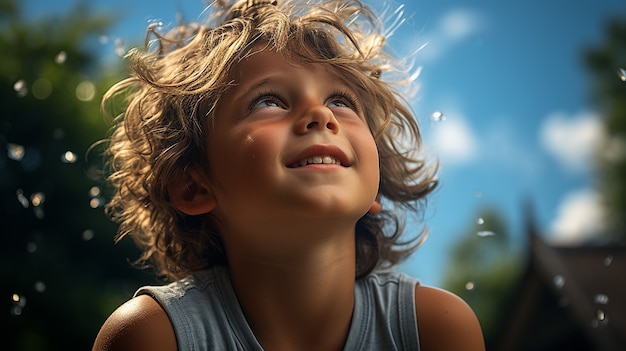 Niño de ángulo bajo pasando tiempo en la naturaleza