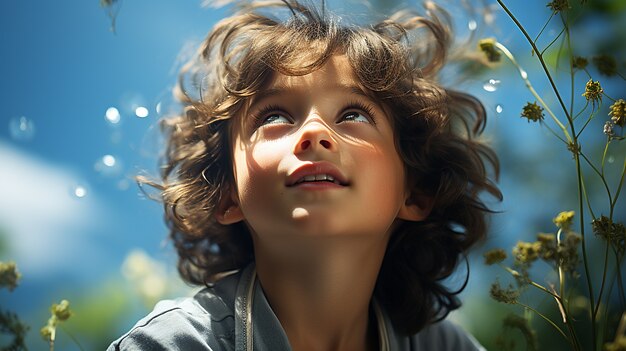 Niño de ángulo bajo pasando tiempo en la naturaleza