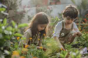 Foto gratuita niño aprendiendo a hacer jardín