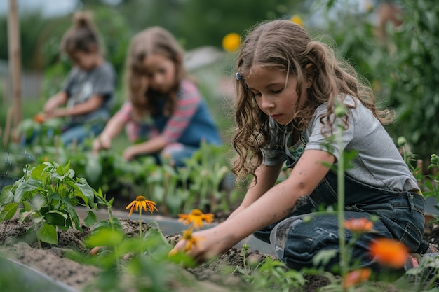 Niño aprendiendo a hacer jardín