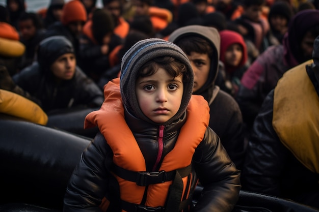 Foto gratuita niño atrapado en una crisis migratoria mientras intenta inmigrar