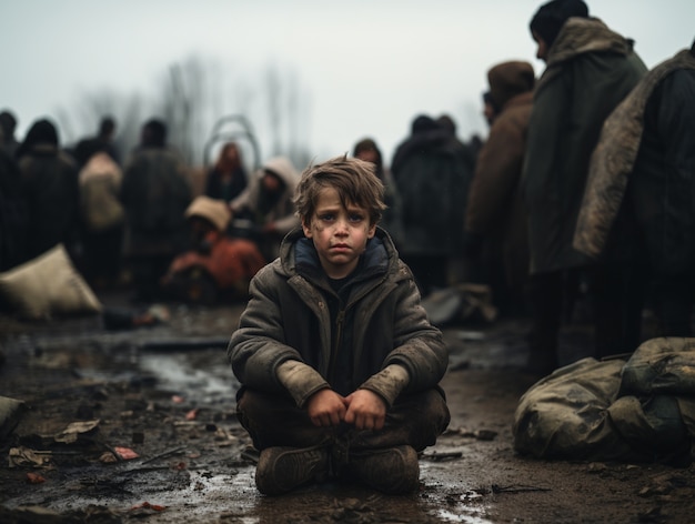 Foto gratuita niño atrapado en una crisis migratoria mientras intenta inmigrar