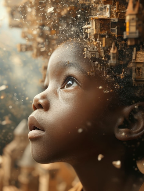 Foto gratuita niño con autismo viviendo en un mundo de fantasía.