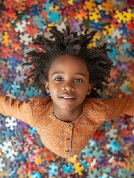 Foto gratuita niño con autismo viviendo en un mundo de fantasía.