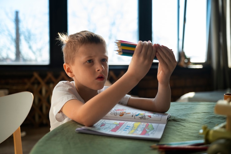 Foto gratuito niño autista estudiando en casa