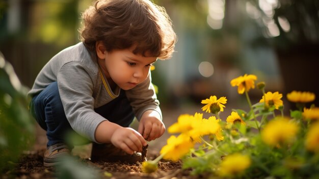 Foto gratuita un niño ayudando en la jardinería.