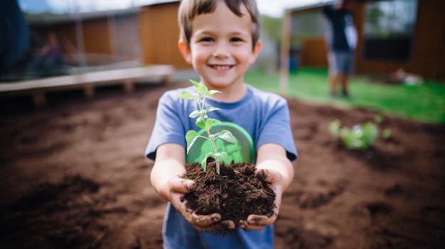 Un niño ayudando en la jardinería.