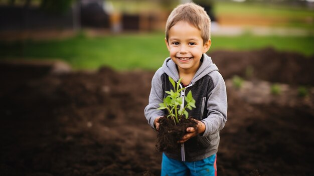 Foto gratuita un niño ayudando en la jardinería.