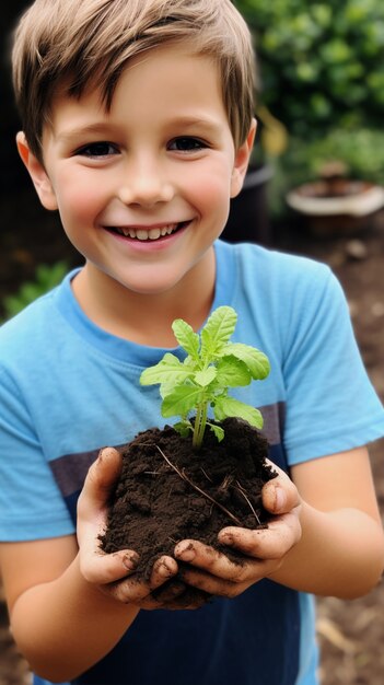 Un niño ayudando en la jardinería.