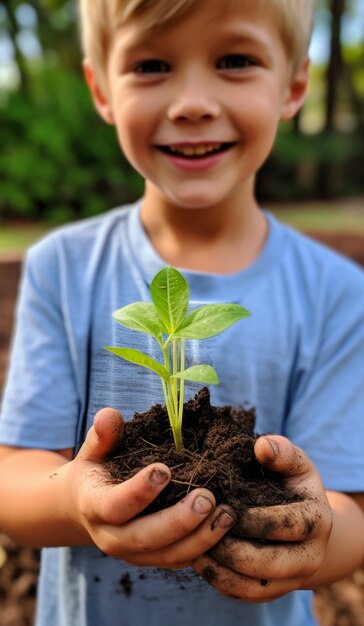 Un niño ayudando en la jardinería.