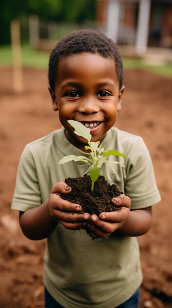 Un niño ayudando en la jardinería.